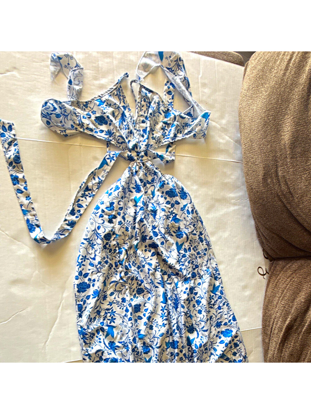 SHEIN Women’s XS Blue/White Floral Halter Tie Strap Sleeveless Jumpsuit